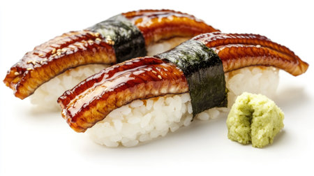 Indulge in this close-up shot of delectable unagi eel nigiri sushi, showcasing the rich flavors and delightful presentation of this traditional Japanese cuisine.の素材