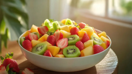 A vibrant and colorful fruit salad featuring fresh strawberries, kiwi, and melon in a white bowl, perfect for a healthy snack or summer dessert.の素材