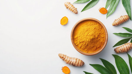 A vibrant bowl of golden turmeric powder surrounded by fresh turmeric roots and green leaves. Ideal for culinary and health-related concepts.の素材
