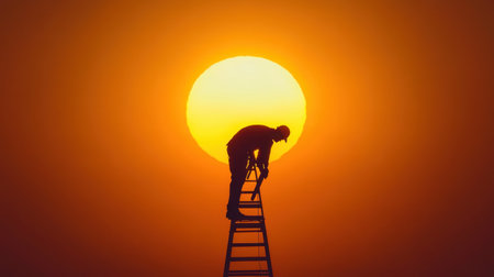 A technician is seen working on a ladder, silhouetted against a vivid sunset. The scene captures the essence of hard work and dedication in a stunning outdoor environment.の素材