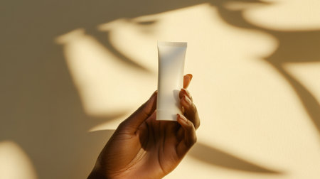 A woman elegantly holds a white cosmetic tube in soft natural light, showcasing beauty and simplicity. The image reflects a modern aesthetic in skincare and personal care.の素材