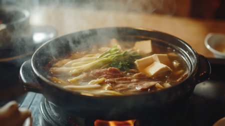 A steaming traditional Japanese hotpot showcases tender slices of beef with fresh vegetables, creating a warm and inviting dining experience perfect for sharing.の素材