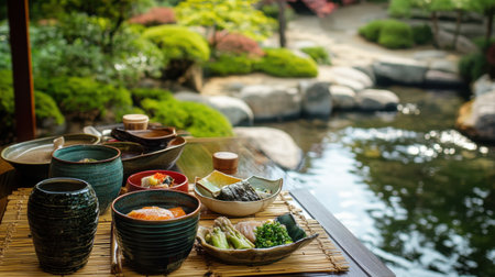 Experience a tranquil outdoor dining setting in a serene Japanese garden, surrounded by lush foliage and a peaceful pond, perfect for relaxation and mindfulness.の素材