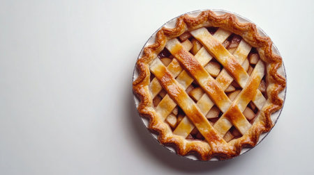 A high-resolution close-up image of a freshly baked pie, showcasing its golden crust and intricate lattice design. Perfect for food lovers and culinary enthusiasts.の素材