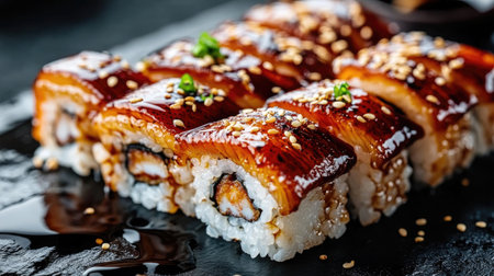 Explore the exquisite beauty of unagi eel nigiri sushi, showcasing its glossy glaze and sesame topping. Perfect for food lovers and culinary enthusiasts.の素材