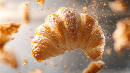 A freshly baked croissant floating in mid-air, showcasing its flaky texture and golden layers. Crumbs scatter around, emphasizing its delicious appeal. Perfect for food photography and culinary artistry.の素材