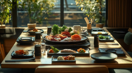 A beautifully arranged table featuring a delightful shabu shabu spread. This setting highlights fresh ingredients, vibrant colors, and a cozy atmosphere, perfect for sharing delicious meals.の素材
