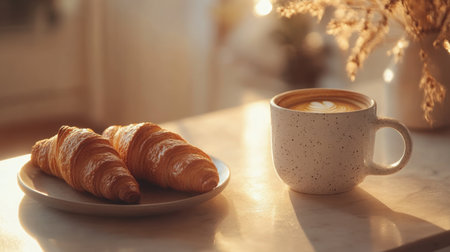 A cozy scene featuring freshly brewed coffee next to flaky croissants. The warm light enhances the comforting atmosphere, perfect for a relaxing morning.の素材