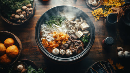 A vibrant hotpot filled with fresh vegetables, mushrooms, and tender meat, bubbling with aromatic broth. Perfect for cozy gatherings and shared meals.の素材