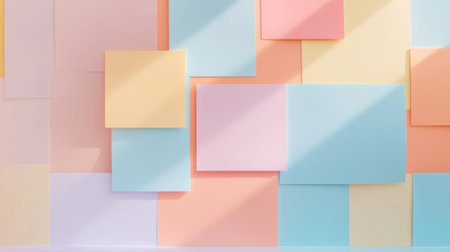 A vibrant collection of brightly colored sticky notes in pastel shades arranged on a minimalist background, perfect for office and creative spaces.の素材