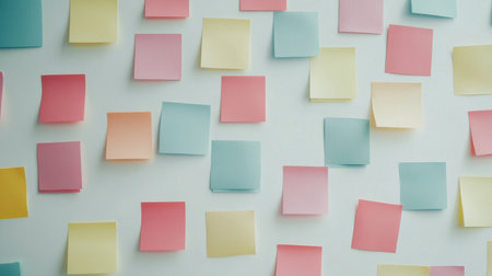 A vibrant collection of empty sticky notes in pastel colors arranged on a white background, perfect for themes of organization and creativity in the workspace.の素材