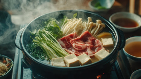 This cozy hotpot features a colorful arrangement of fresh ingredients including thin slices of meat, vegetables, and tofu, perfect for sharing and enjoying with loved ones.の素材
