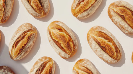 A beautifully arranged display of freshly baked bread loaves, showcasing their golden crusts and rustic charm. Perfect for food-related projects or culinary themes.の素材
