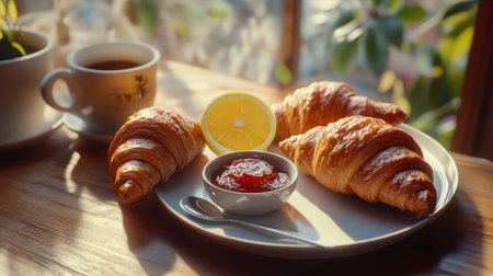 Enjoy a cozy breakfast setting featuring fresh croissants, tangy jam, and a refreshing slice of lemon. Perfect for a warm morning with coffee.の素材