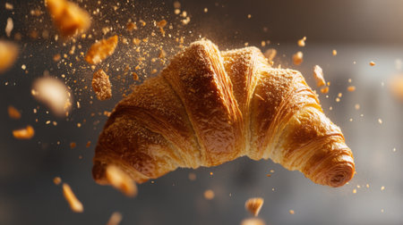 A stunning image of a croissant in motion, breaking apart as it flies through the air. Captures the flaky texture and delightful crumbs in a visually appealing way.の素材