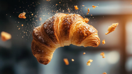 A fresh croissant breaking into pieces, showcasing its flaky texture and golden crust. Perfect for culinary, breakfast, or dessert themes in food photography.の素材