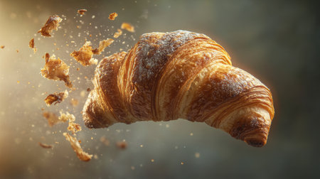 A fresh croissant breaking into delightful pieces, showcasing its flaky texture and golden crust. Perfect for food photography and culinary highlights.の素材