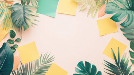 A colorful flat lay featuring multicolored sticky notes surrounded by lush green leaves creates a vibrant and creative background, ideal for planners and presentations.の素材