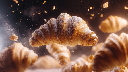 A visually captivating image of floating fresh croissants, showcasing their flaky texture and sweet aroma, ideal for culinary highlights and food presentations.の素材