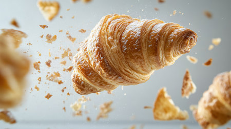 A fresh croissant floats gracefully in the air, scattering crumbs around it. This vibrant image captures the flaky texture and deliciousness of this beloved pastry.の素材