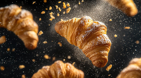 Experience the allure of flying croissants in a dynamic shot, showcasing their flaky texture and sweet aroma, perfect for food enthusiasts and culinary artists.の素材