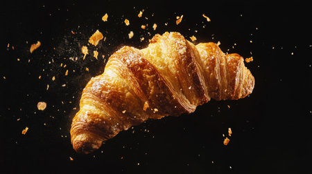 A stunning image of a freshly baked croissant falling from above, showcasing its flaky layers and buttery texture. Perfect for food-related content and culinary art.の素材