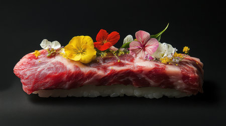 A stunning piece of wagyu sushi elegantly presented with vibrant floral garnishes, showcasing the marbled texture and exquisite colors on a dark background.の素材