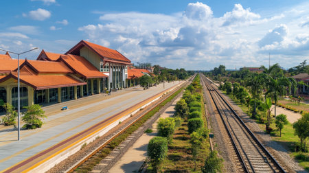 Stunning panoramic view of a modern train station in Lao Chin, showcasing tracks, vibrant greenery, and striking architecture under a blue sky.の素材