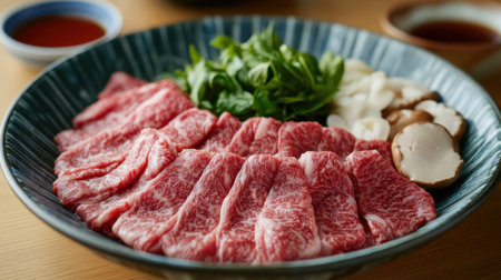 Discover a vibrant assortment of fresh ingredients for a delicious shabu hotpot meal, featuring quality meat and colorful vegetables perfect for sharing.の素材