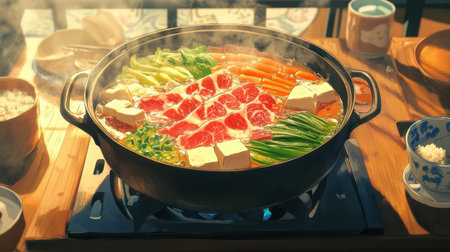 Experience the warmth of a traditional Japanese hotpot featuring fresh vegetables and tender meat, perfect for cozy gatherings with family and friends.の素材
