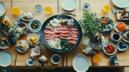 Immerse in a traditional Japanese shabu shabu dining experience, featuring a beautifully arranged table with fresh ingredients and vibrant flavors for a communal feast.の素材