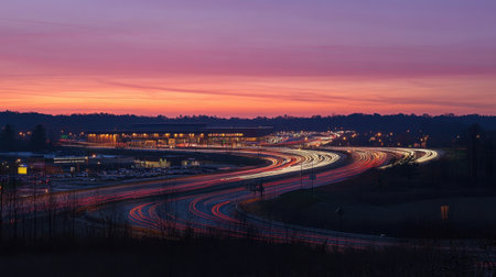 A stunning perspective of a sprawling highway interchange at dawn, showcasing moving traffic against a vibrant sky. The lights create beautiful trails that highlight the dynamic flow of urban life.の素材