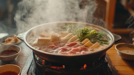 Enjoy a steaming pot of Japanese shabu shabu featuring fresh ingredients and rich broth, perfect for a communal dining experience full of flavor and warmth.の素材