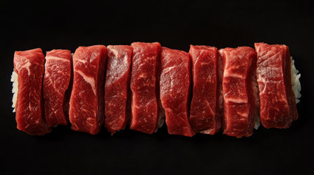 Stunning top-down shot of premium wagyu sushi featuring rich, marbled beef atop a bed of sushi rice. Perfect for gourmet dining displays.の素材