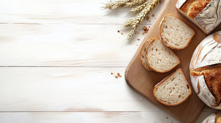 A rustic scene featuring freshly sliced bread on a wooden board, complemented by wheat, creating a cozy and warm kitchen atmosphere perfect for any meal.の素材