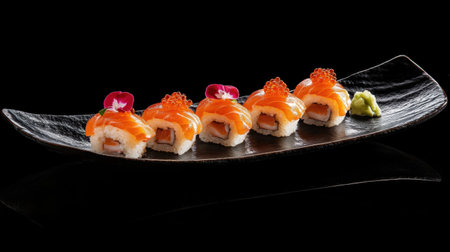 A sophisticated presentation of salmon roe sushi showcased elegantly on a black plate, garnished with green wasabi and delicate flowers, perfect for gourmet dining.の素材
