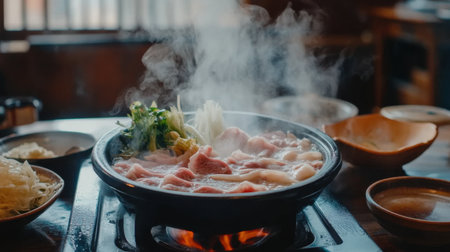A cozy scene featuring a traditional Japanese shabu shabu pot bubbling with fresh meat and vegetables, inviting a warm dining experience. Enjoy the culinary richness and cultural essence of this beloved dish.の素材