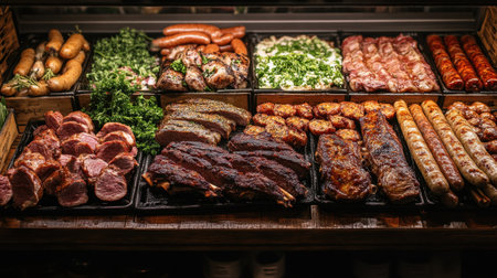 Explore a vibrant display of fresh meats including steaks and sausages, perfect for culinary enthusiasts and food lovers. Ideal for market or dining settings.の素材