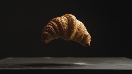 A stunning image of a freshly baked croissant beautifully suspended in mid air, showcasing its flaky texture and golden color against a dark backdrop. Perfect for food enthusiasts and culinary creatives.の素材
