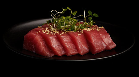 An elegant presentation of fresh tuna sashimi served on a black plate, garnished with herbs and sesame seeds. Perfect for gourmet dining and food photography.の素材