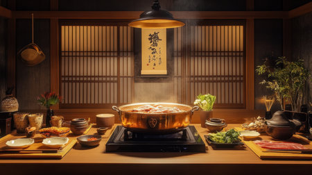 A traditional Japanese shabu shabu cooking setup featuring a steaming pot filled with fresh ingredients, and an inviting ambiance perfect for a cozy meal.の素材