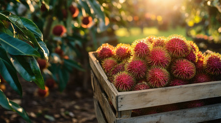 A rustic wooden crate filled with fresh rambutans, captured in a sunlit setting. The vibrant fruit showcases its spiky exterior, symbolizing tropical harvest.の素材