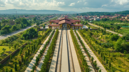Aerial view showcasing Vientiane's new railway station, featuring modern architecture and lush greenery. A significant infrastructure for enhanced transport access.の素材