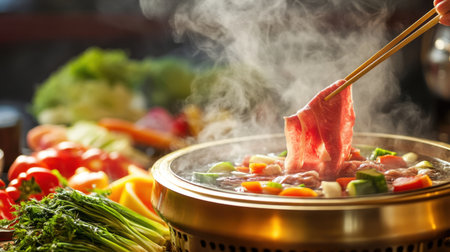 A close-up of a steaming shabu pot surrounded by vibrant vegetables and tender meat, showcasing the essence of a flavorful and communal dining experience.の素材