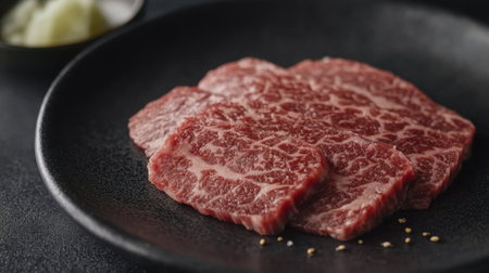Discover the exquisite beauty of thinly sliced wagyu beef, showcasing marbling and freshness, perfect for sushi or gourmet dishes on a sleek background.の素材