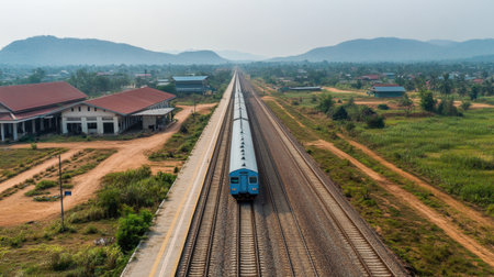 A train departs from Vientiane, Laos, traveling along a scenic railway surrounded by lush landscapes and mountains. A visual journey awaits.の素材