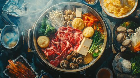 Enjoy a stunning overhead view of a traditional shabu shabu meal featuring fresh ingredients such as meat, vegetables, and noodles. Perfect for sharing and savoring!の素材