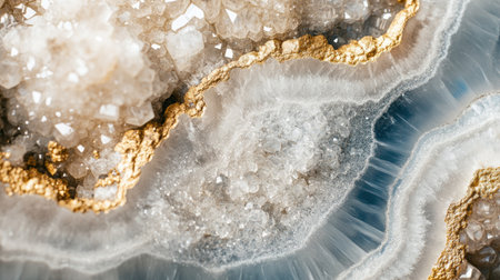 Discover the stunning beauty of this close-up geode showcasing intricate textures and sparkling crystals, featuring elegant golden veins and vibrant colors.の素材