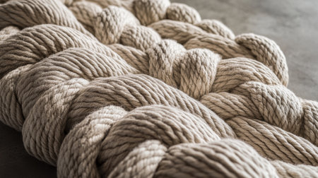 This close-up image showcases the intricate texture of a natural fiber rope. Perfect for themes of craftsmanship, nature, and design, capturing a rustic and organic essence.の素材