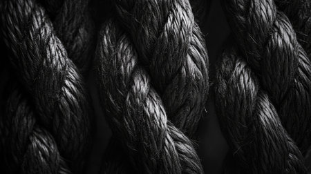 This detailed close-up image showcases tightly twisted rope, highlighting its texture and intricate fibers. A perfect depiction for design and craftsmanship themes.の素材